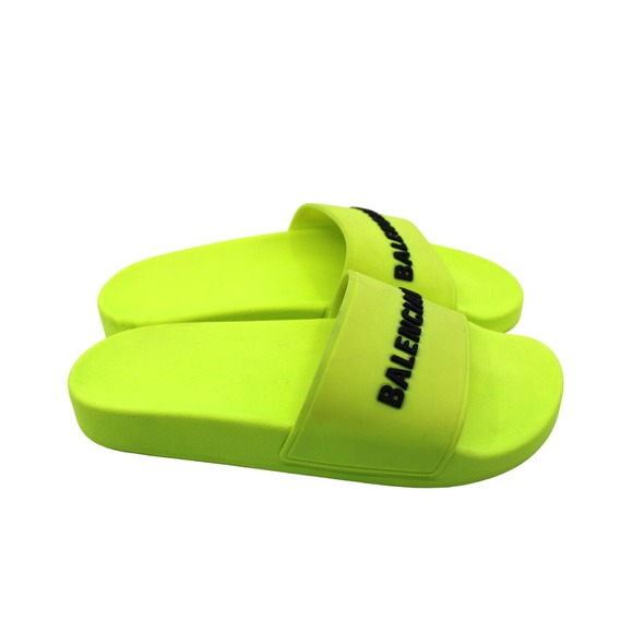 C0 Auth BALENCIAGA Logo Rubber Pool Slides Flip Flops Neon Green Womens US 6 - Picture 3 of 6